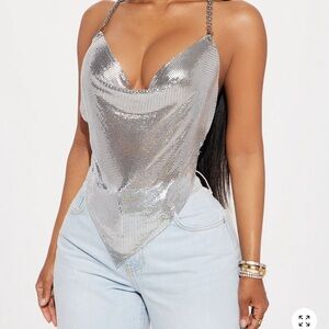 Fashion Nova Silver Metallic Chain-Shoulder Draped Cowl Camisole